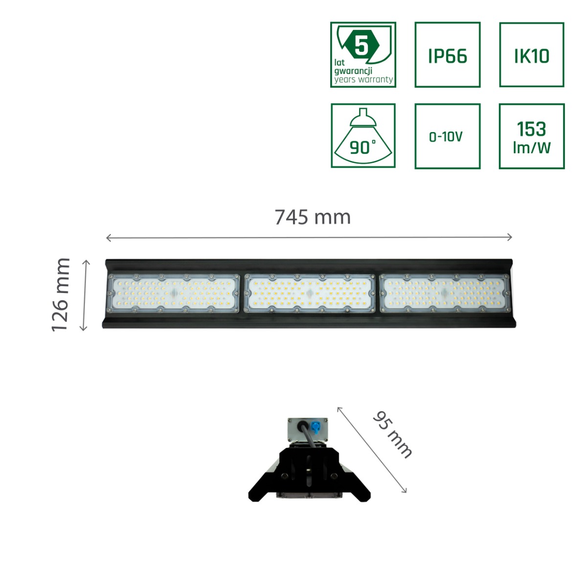 Led Highbay Linear 150W Stralingshoek 90° K4000 Lijnverlichting IP66 IK10 